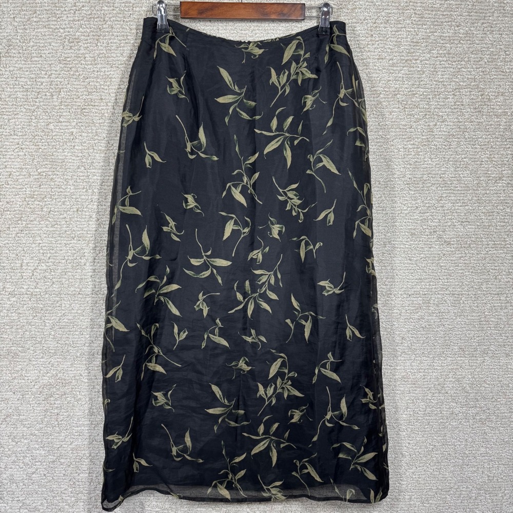 Liz Claiborne Collection Silk Maxi Skirt Women's 12 Black Leaf Print Y2K‎ Style